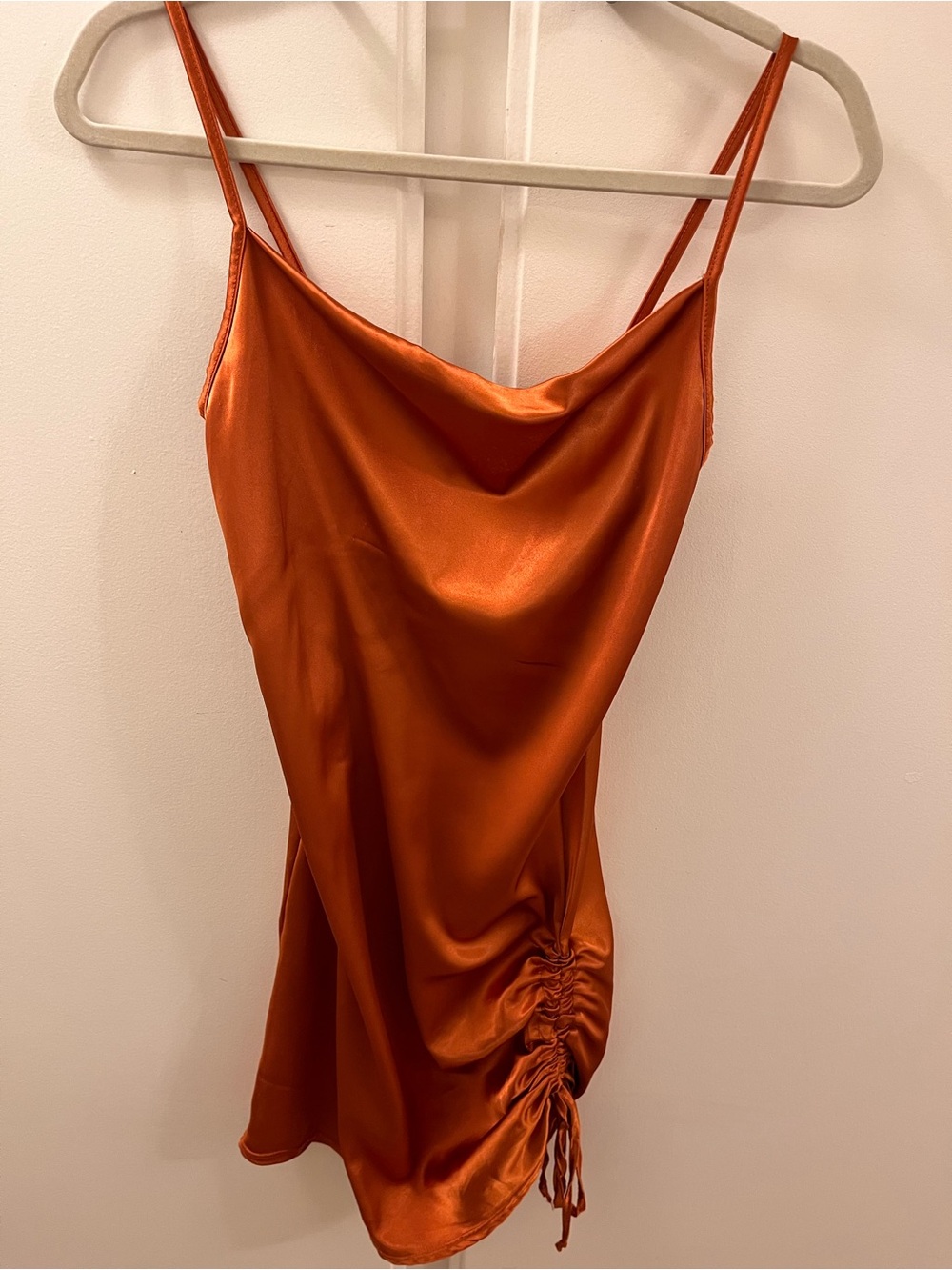 PrettyLittleThing Rust Orange Mini Dress with Ruched Side - Size 2